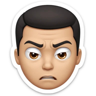 Create a 3D cartoon-style boy character with light brown skin, short straight black hair swept to one side covering part of his forehead, and an angry or annoyed expression. Sharp eyebrows, narrowed eyes, and lips pressed in irritation. sticker