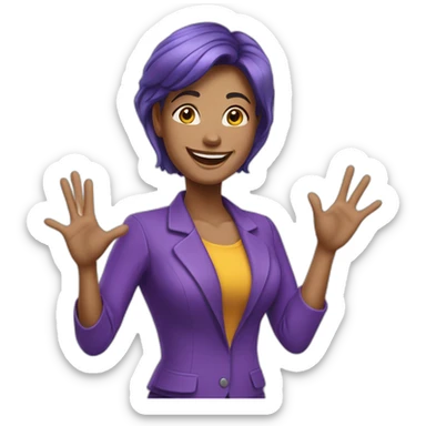 Bussiness woman saying hello and giving five with happy face  in purple clothes  sticker
