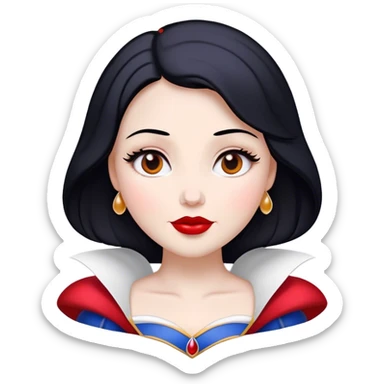 Cinematic Majestic Snow White Portrait Emoji, rendered in a clean, vector-style with bold, simplified shapes. Show Snow White with a serene, noble expression, radiant porcelain skin, and elegantly styled raven hair accented with subtle red highlights, her attire simple yet refined. The design radiates a majestic, pure glow with high shine and a soft glowing outline, embodying classic royal beauty. sticker