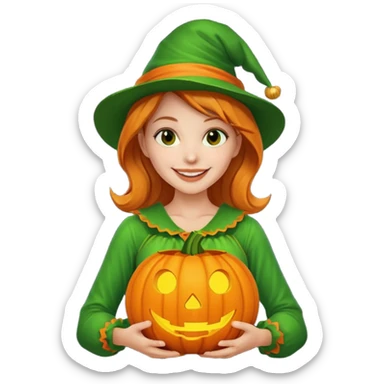 Woman Hunter With Jack o Lantern, wearing green costume sticker
