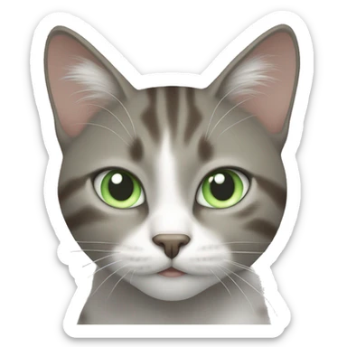 grey brown and white cat with pale green eyes  sticker