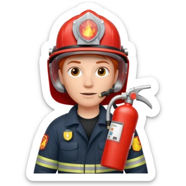 red haired Firefighter with respiratory protection with fire extinguisher sticker