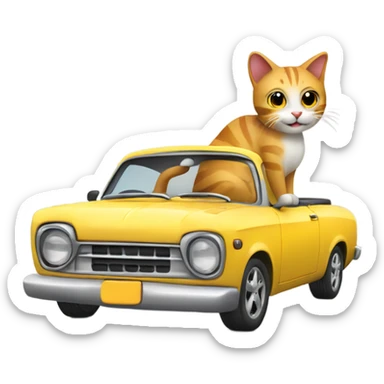 A cartoon emoji-style car with a cat sitting on the open hood, holding a wrench and smiling sticker