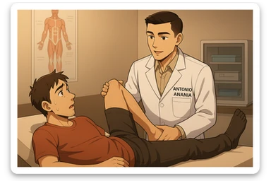 fai un webtoon manga a colori con questo stile, in cui un uomo è steso sul lettino medico e il kinesiologo con il camice bianco (fagli anche la scritta "ANTONIO ANANIA" SUL CAMICE, gli solleva una gamba per fargli il test neuromuscolare, IL KINESIOLOGO SPIEGA ALL'UOMO UNA cosa mentre gli alza la gamba. non fare i fumetti però, fai solo in modo che sembri stiano parlando sticker
