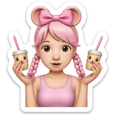 Emoji with long nails, stanly cup, two pig tail hairstyle with pink bows in both pig tails sticker