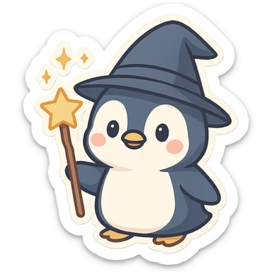 cute and whimsical penguin dressed as a wizard, wearing a pointed hat and holding a magic staff, magical sparkles around sticker