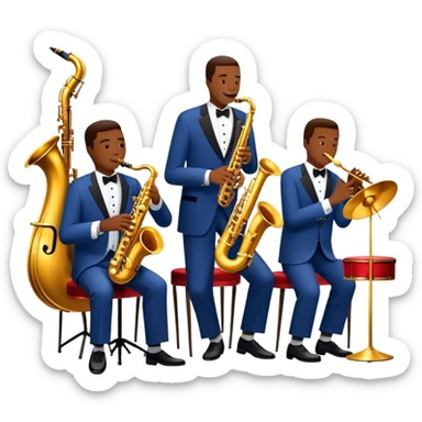 Icon for Jazz Music: The Jazz Messengers, featuring a dynamic composition with Art Blakey on drums and musicians playing saxophone, trumpet, and piano. Musical notes and a warm jazz club atmosphere emphasize the vibrant hard bop style. Transparent background. sticker