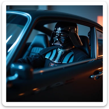 Cinematic shot of aDarth vader sitting in porsche 911, blue and orange lights  sticker