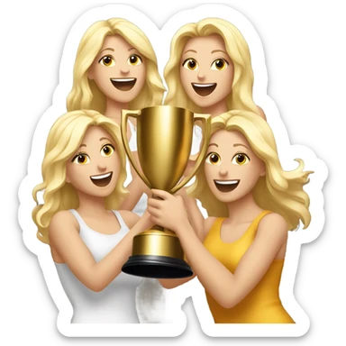 Six beautiful blonde women celebrating with a huge gold trophy sticker