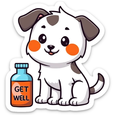cute puppy with medicine bottle and get well soon message sticker