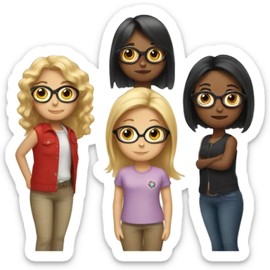 Three Girls, one with blonde Long hair, one with Black Short hair, one with red middle Long hair and glasses  sticker