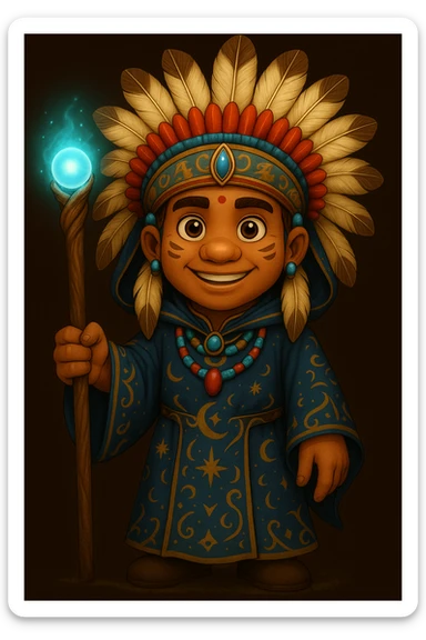 Create the same character as in the reference image but dressed in a fantasy wizard robe, holding a magic staff, with a friendly expression, full body view. Maintain the character's original style and features. sticker