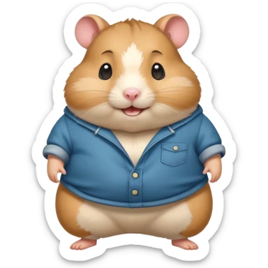 Cute chubby cartoon-style hamster wearing XXL pants that are WAY too big, proud and smiling expression. Painterly shading, white background, sticker-style illustration sticker