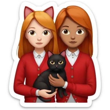 Ginger long straight hair with a red cardigan holding a  1 black cat with a white shirt under the red cardigan standing whith a boyfreind sticker