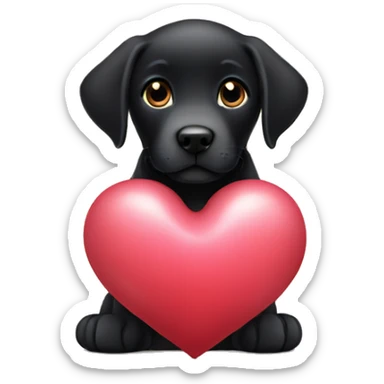 sitting black labrador puppy is holding a heart sticker
