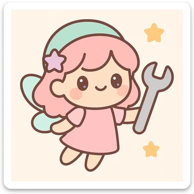 a pink fairy holding a wrench, whimsical and magical, cute kawaii style sticker