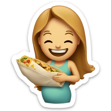 a pregnant lady laughing and holding a burrito sticker