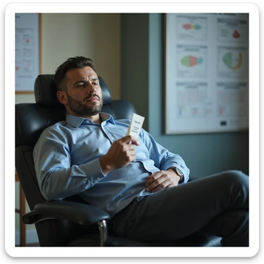 hyperrealistic 4K image of a man in his 30s slumped in chair in urologist's office, semen analysis with 'azoospermia' in hand, devastated and hopeless, fertility charts on wall, clinical environment sticker