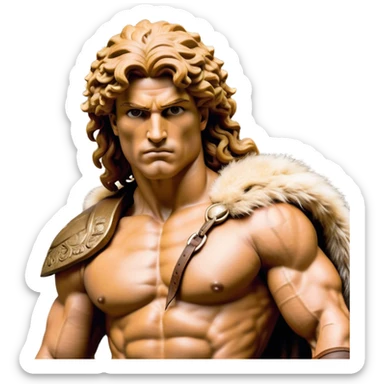 Cinematic Realistic Barbarian Hercules Portrait, depicted as a fierce Greek hero with the chiseled features of Michelangelo's David. His light tan, sculpted skin glows with timeless strength, and his thick, curly, golden brown hair cascades in wild, untamed curls reminiscent of a warrior’s mane. Instead of a flowing white robe with golden accents and a laurel wreath, he wears rugged, weathered leather and fur garments—a tattered, fur-trimmed cloak draped over broad shoulders and a simple circlet forged from iron and bone. His intense, determined eyes exude savage nobility, all rendered under dynamic natural lighting with a mythic, raw, radiant glow. sticker