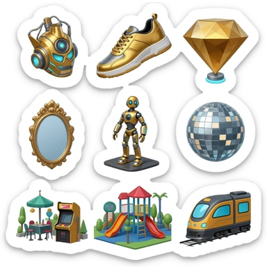 Futuristic turbo neon super robot metal  golden diamond Ruby 6000 Nike shoes hotel super 50000 metallic silver mirror basic black restaurant disco ball arcade playground lucky machine turbo max level inf city train sticker