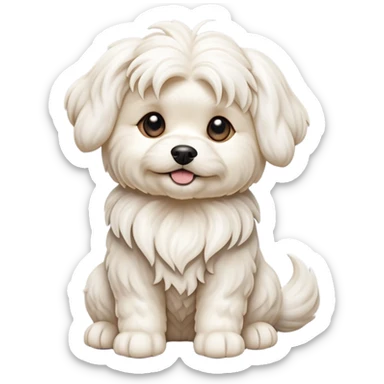 detailed-[wavy haired maltese-dog]-realistic-full-body-sitting-emoji,-tail-resting-loosely-beside-its-paws,-head-tilted-dramatically,--wavy-[cream-white]-fur,-simplified-yet-realistic-focused-features,-highly-detailed,-glowing-with-an-almost-sarcastic sticker