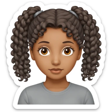 A girl Brown girl with a curly ponytail and has a Gray shirt and eyes are brown  sticker