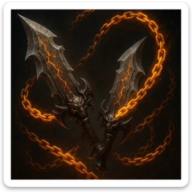 the Blades of Chaos from God of War, detailed, dramatic, glowing chains, fantasy weapon, dynamic angle sticker