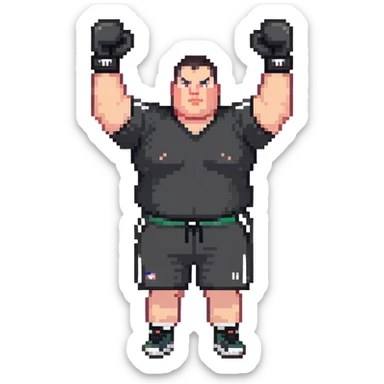 white man with dark hair, dark eyes, buzzcut faded haircut, overweight 100kg boxer, chubby face, stocky build, wearing full black clothes, black adidas boxing gloves, victory pose with arms raised, upper body only no legs visible, highly pixelated sticker