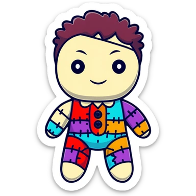 A colorful voodoo doll with patchwork fabric in bright colors, decorative buttons for eyes, and colorful pins sticking out of it sticker