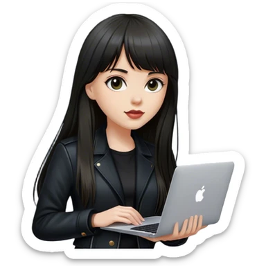 Beautiful white girl, with dark very long hair with bang, wearing black classic jacket with MacBook  sticker