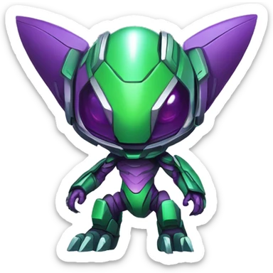 a chibi-style purple-green Genesect-Raptor-Fakémon—hybrid with a futuristic visor-helmet full body sticker