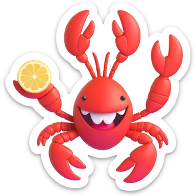 happy lobster spinning around with a lemon in its mouth, emoji style sticker