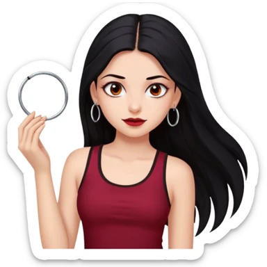 a pretty bratz fair girl with long black hair, kajal under eyes, small silver hoop. Dark cherry red tank top on.  sticker