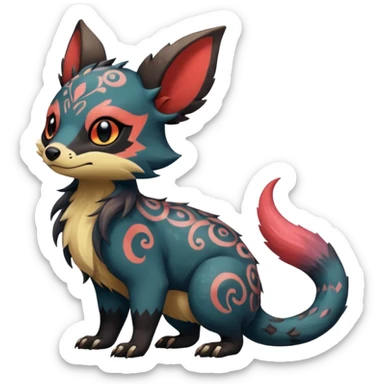 Rare warm-colored exotic cute epic aesthetic gothic colorful Salandit-Eevee-Civet-species-Fakemon-hybrid-creature, with intricate tattoo markings, full body sticker