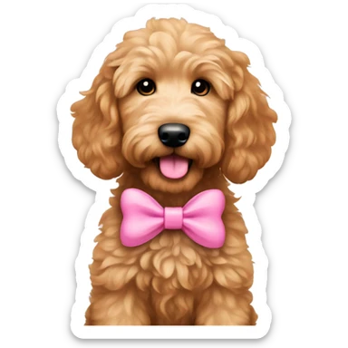 Goldendoodle puppy with a pink bow sticker