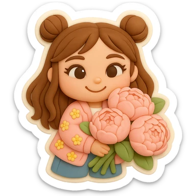 Create a 3D chibi fondant cake art style image of a girl based on the reference image. Preserve the facial features and eye shape exactly as in the reference. She has long brown hair styled in two space buns and brown eyes. The girl is smiling happily and holding a bouquet of large soft pink peonies, matching the flowers from the previous sticker. Include a thick white outline like a sticker and ensure the background is transparent. sticker