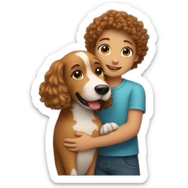 boy and girl hugs a curly dog sticker