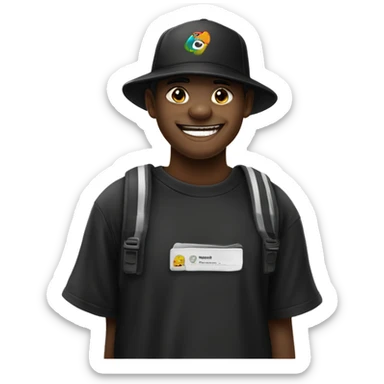 Garoto pele parda, boné preto, sorrindo, com aparelho dentario, camiseta preta, com caneta na mão e tintas de diferentes cores no fundo sticker