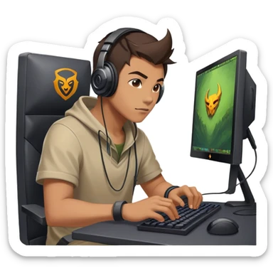gamer with headphones playing Dota 2, focused on computer screen sticker