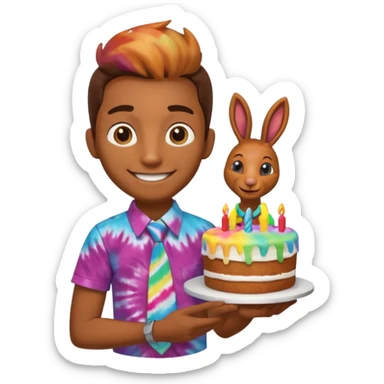 Kokopelli in a tie dye shirt carrying a birthday cake sticker