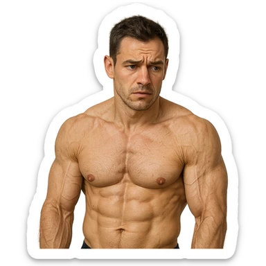 young bodybuilder with declining collagen levels, hyper realistic style, visible muscles but less elastic skin on arms, worried expression, realistic details, neutral atmosphere sticker