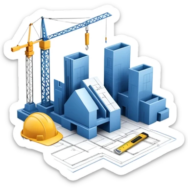 An icon featuring a blueprint, a hard hat, and a measuring tape, symbolizing architecture and construction. The design includes a building silhouette, cranes, and construction tools, representing the planning, design, and building processes. Transparent background. sticker