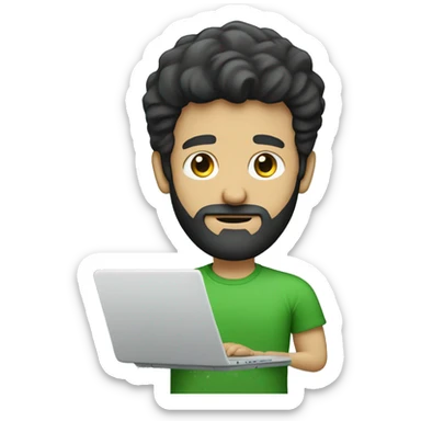 white guy with beard black hair thin face typing in laptop wearing green t-shirt sticker