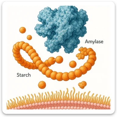 Ultra-detailed illustration of enzyme digestion: amylase breaking starch into sugars near a cell membrane. Clean white background, no text. Scientific but simple sticker