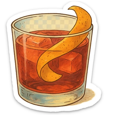 ghibli style negroni cocktail glass with orange peel sticker