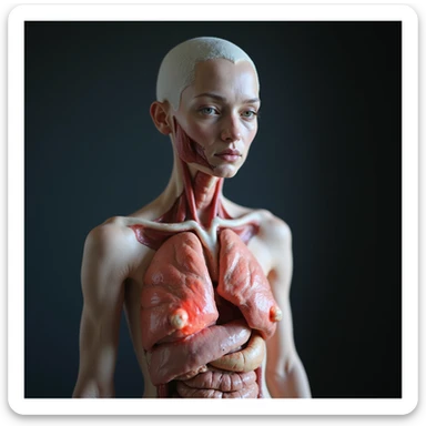 hyperrealistic anatomical woman with translucent skin showing internal inflammation with red areas on organs and muscles, thin and debilitated appearance, fatigued expression, clinical atmosphere, 4K details sticker