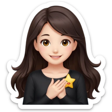 kawaii streamer girl, brunette, brown eyes, long dark hair, black outfit, smiling, sparkling eyes, blushing cheeks, happy expression, small stars around, emoji icon sticker