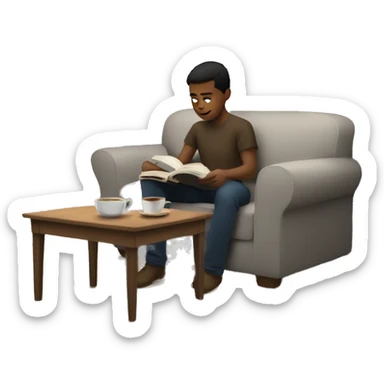 A white boy reading at a coffee table with a cup of coffee next to him sticker