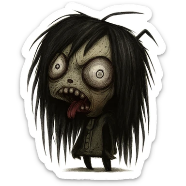 GIR as a zombie with long black hair, emo style, shaggy and dark, creepy expression sticker