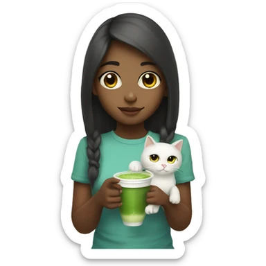 Cute girl holding a cat and cup of iced matcha  sticker